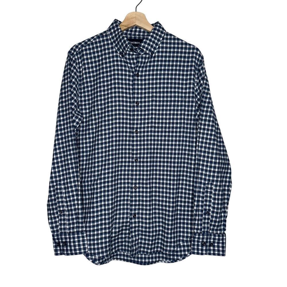 Bonobos Slim Fit Micro Plaid Long Sleeve Button Up Shirt Navy Blue White Size M